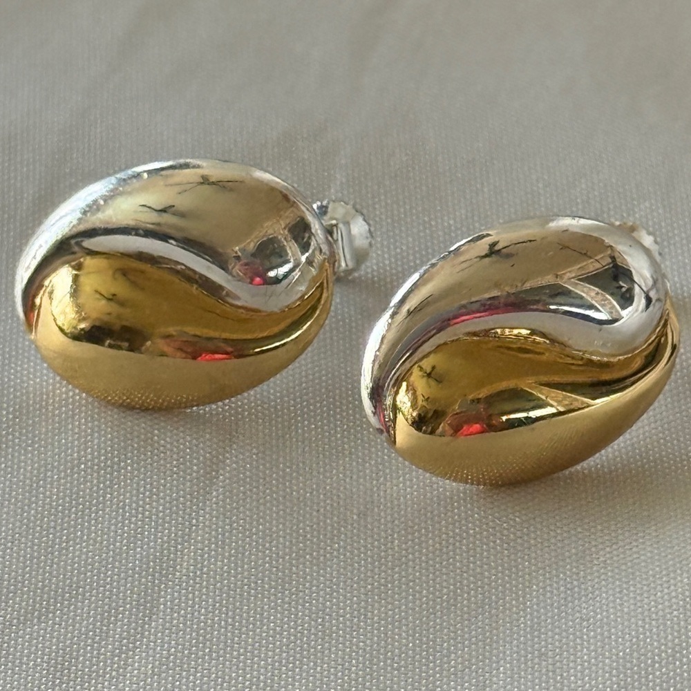 Vintage Two-Tone Gold & Silver Swirl Oval Screw Back Earrings Estate Jewelry